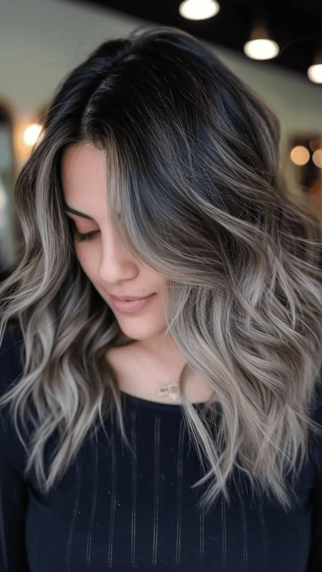 medium brown hair with silver balayage
