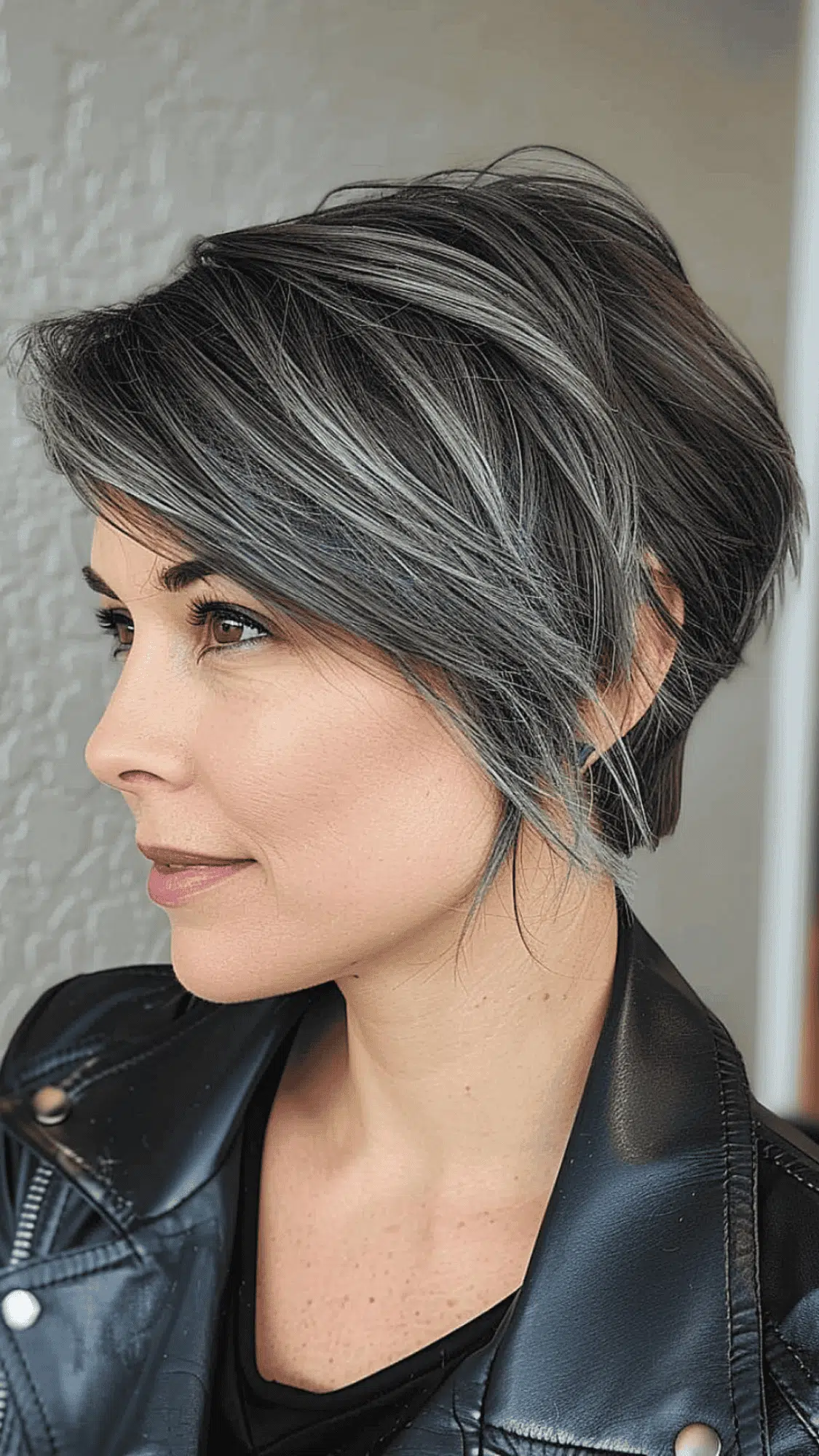 short brown hair with scattered silver