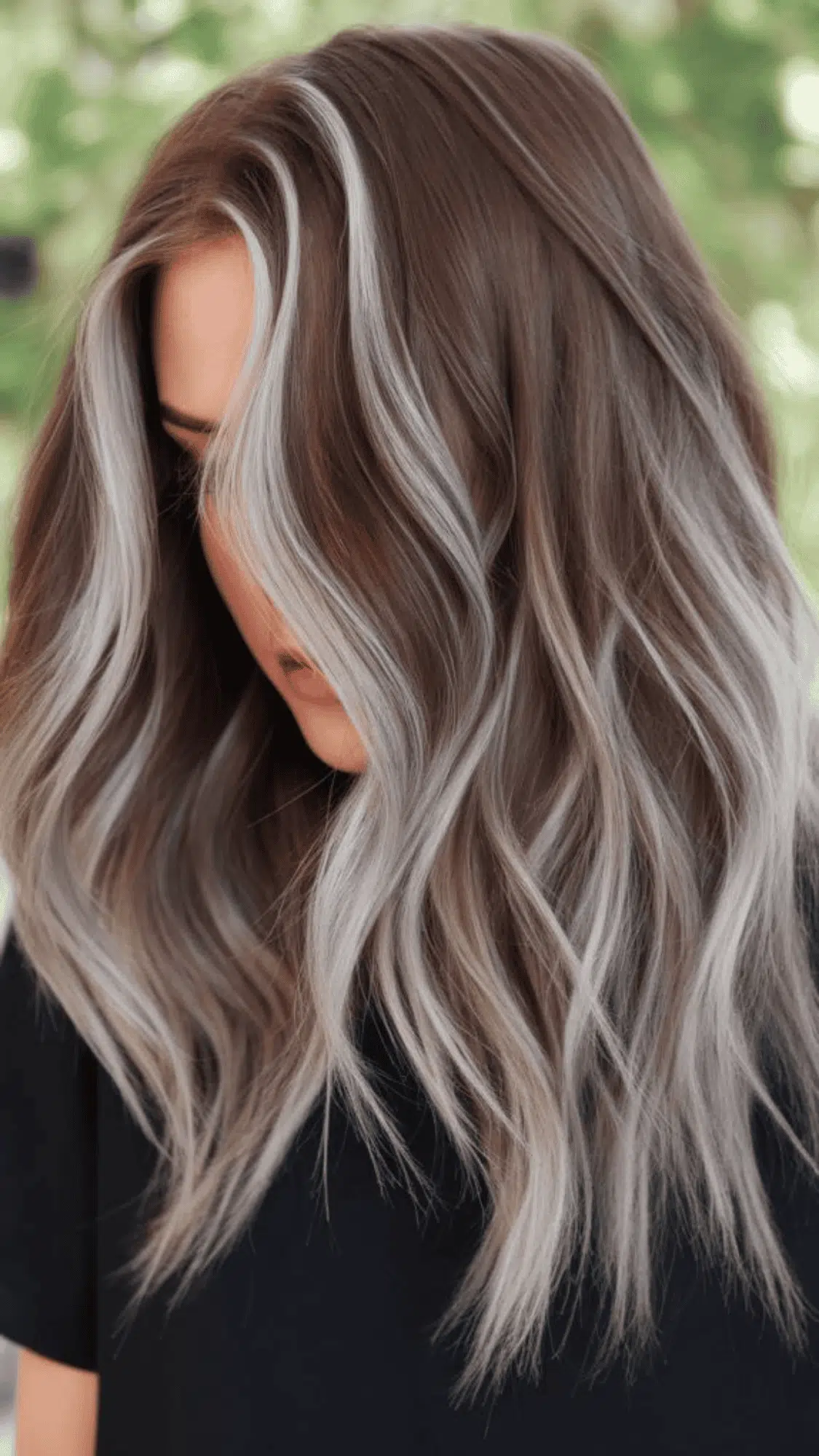 thick brown hair with bold silver