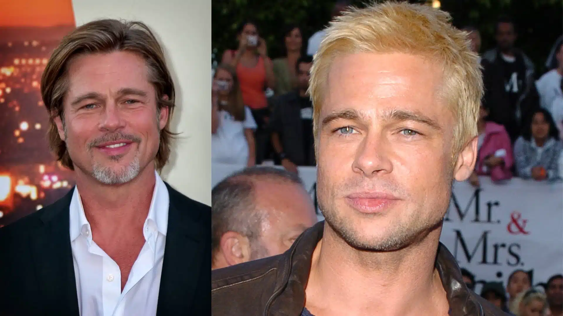 Brad Pitt with brown hair and a goatee on the left, and bleached blonde hair with stubble on the right at a Mr. & Mrs. event