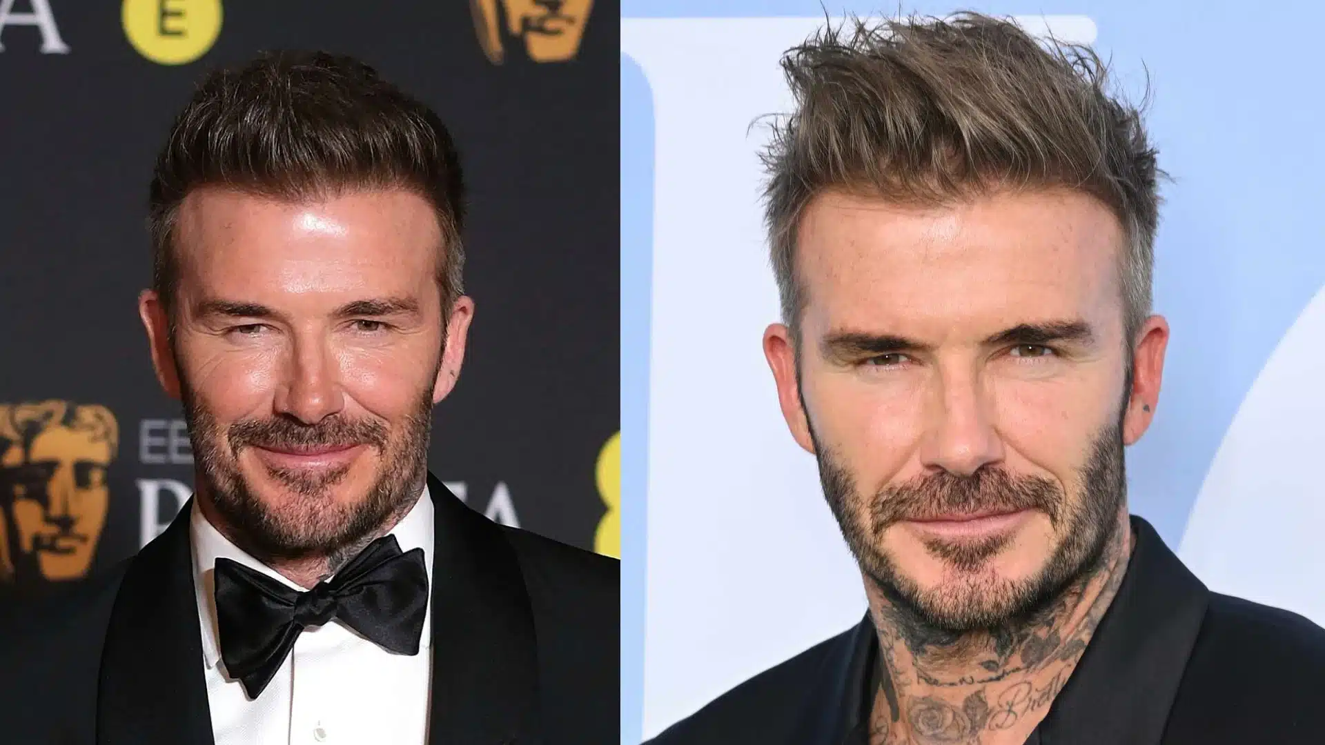 Image showing David Beckham in a tuxedo with a bow tie on the left and in casual wear showing neck tattoos on the right
