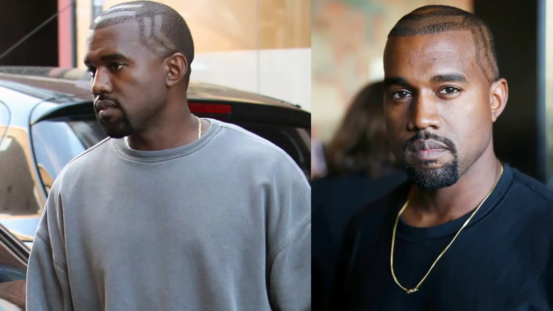 Kanye West in two different poses, wearing a short haircut featuring etched designs and a short goatee