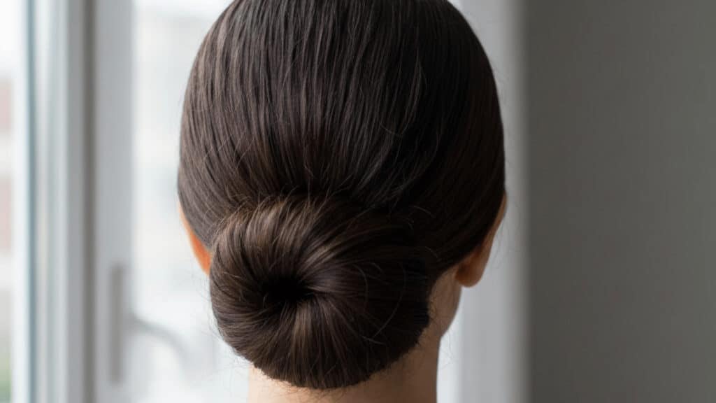 simple low bun style showing hairstyles for oily hair in natural light