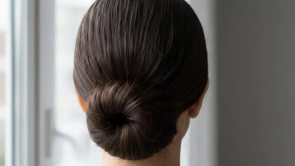 simple low bun style showing hairstyles for oily hair in natural light