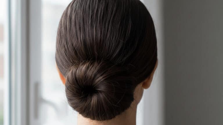 simple low bun style showing hairstyles for oily hair in natural light