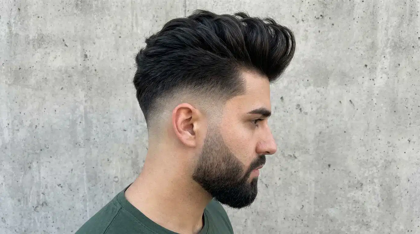A bearded man with a high taper fade and a quiff hairstyle, looking confidently at the camera