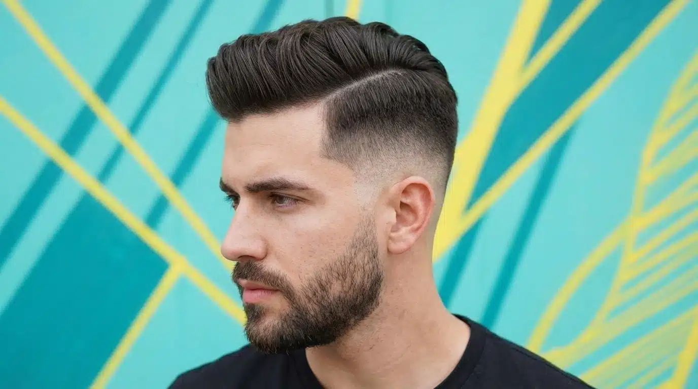 A bearded man with a short haircut styled in a side part quiff, posing confidently