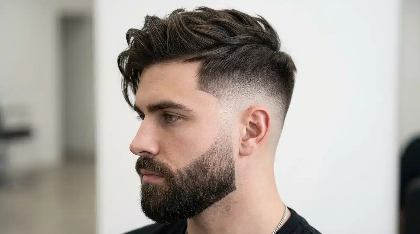 A bearded man with a stylish short quiff, showcasing a modern and trendy appearance