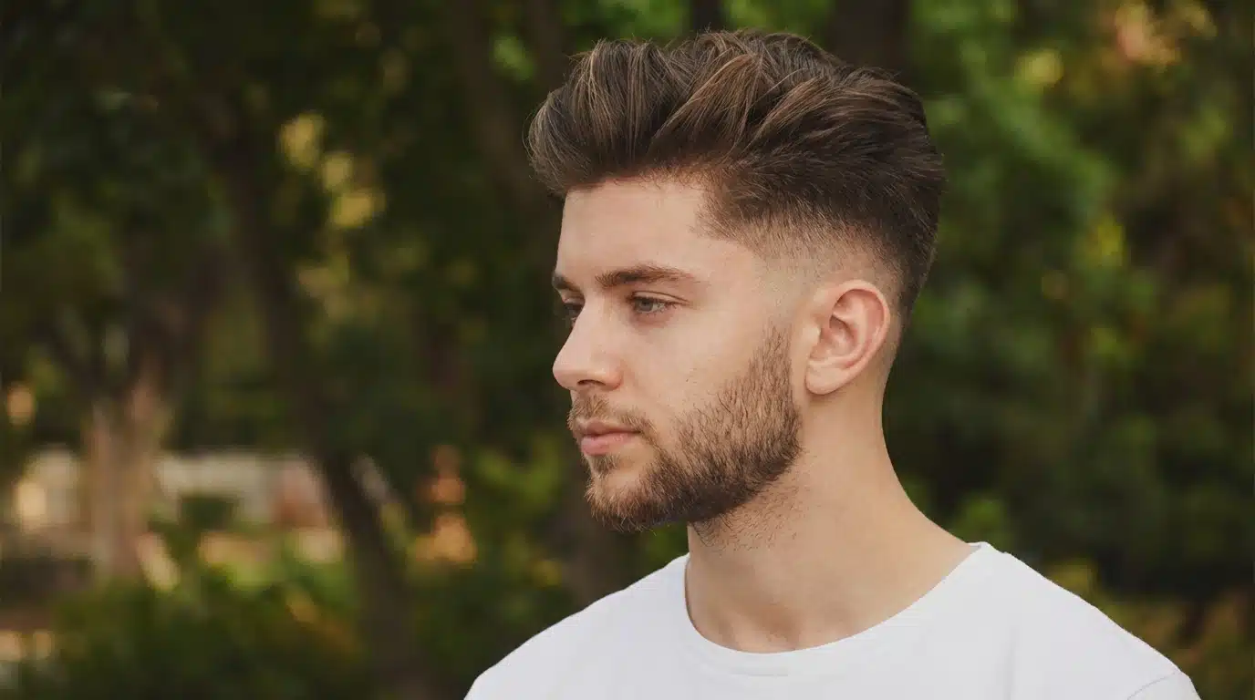 A bearded man with an undercut quiff dressed in a white t-shirt, smiling at the viewer