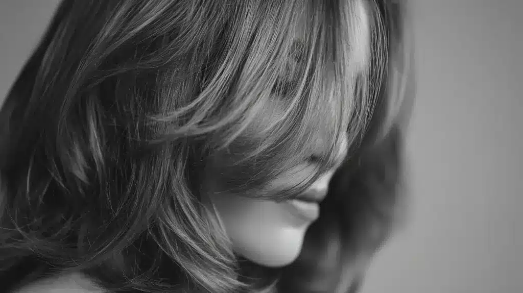 A black and white portrait of a woman with long hair, showcasing her serene expression