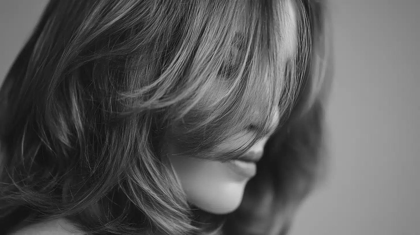 A black and white portrait of a woman with long hair, showcasing her serene expression