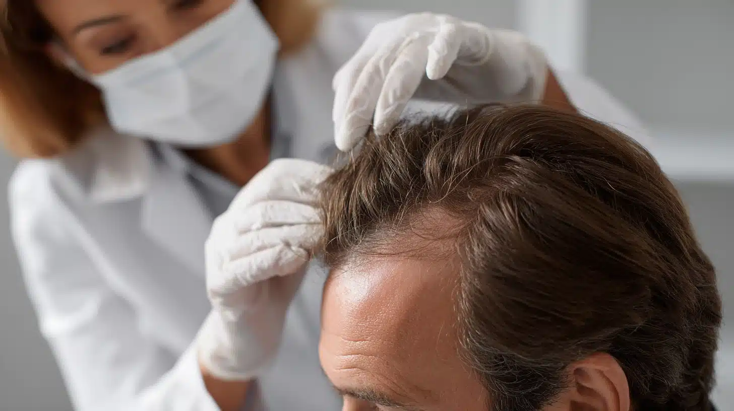 A doctor examines a man’s hair in preparation for a 3,000 grafts hair transplant