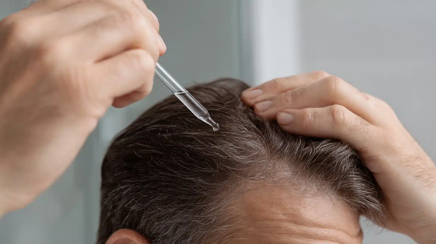 A man applying minoxidil serum with a dropper for hair to improve hair growth and maintain healthy hair