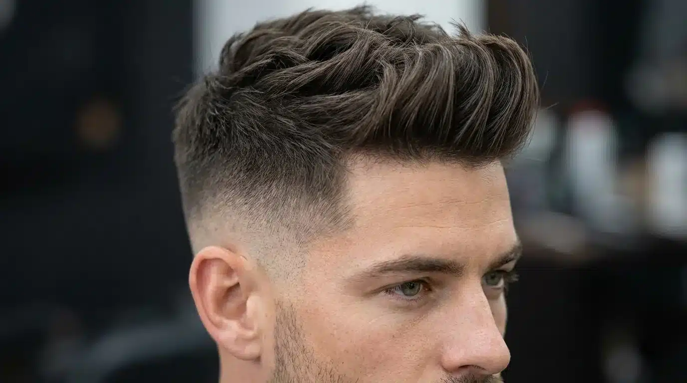 A man in a barber chair, displaying a skin fade quiff as he gets his hair cut