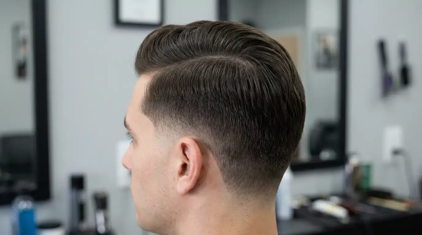 A man receives a Low Taper Fade haircut with a side part in a barber shop setting.