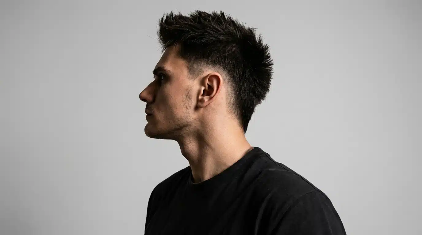 A man sporting a mid taper mohawk with spiky texture, dressed in a black shirt