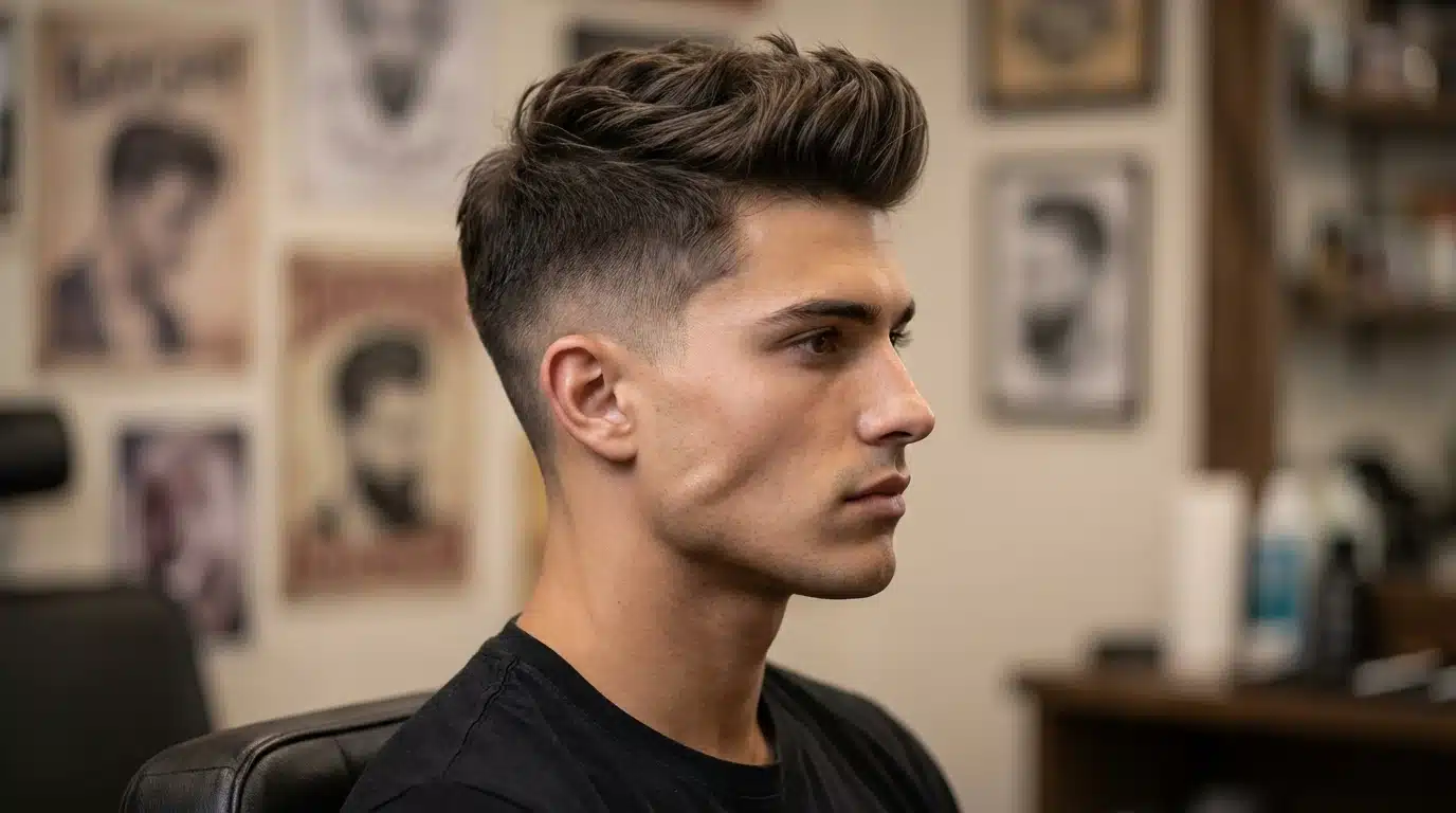 A man sporting a mohawk and French quiff hairstyle, seated in a chair, appearing at ease