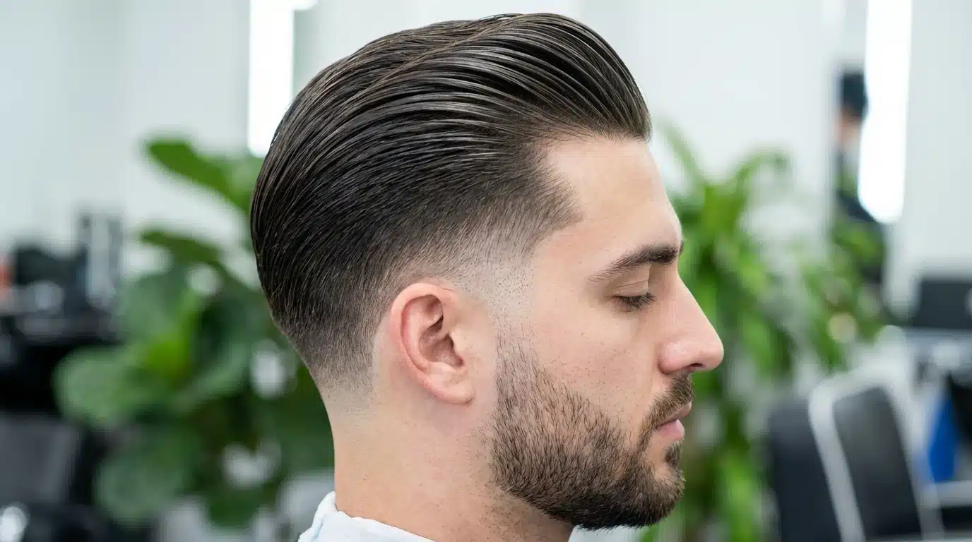 A man with a beard and a high fade haircut styled with a slick back, showcasing a modern and trendy look