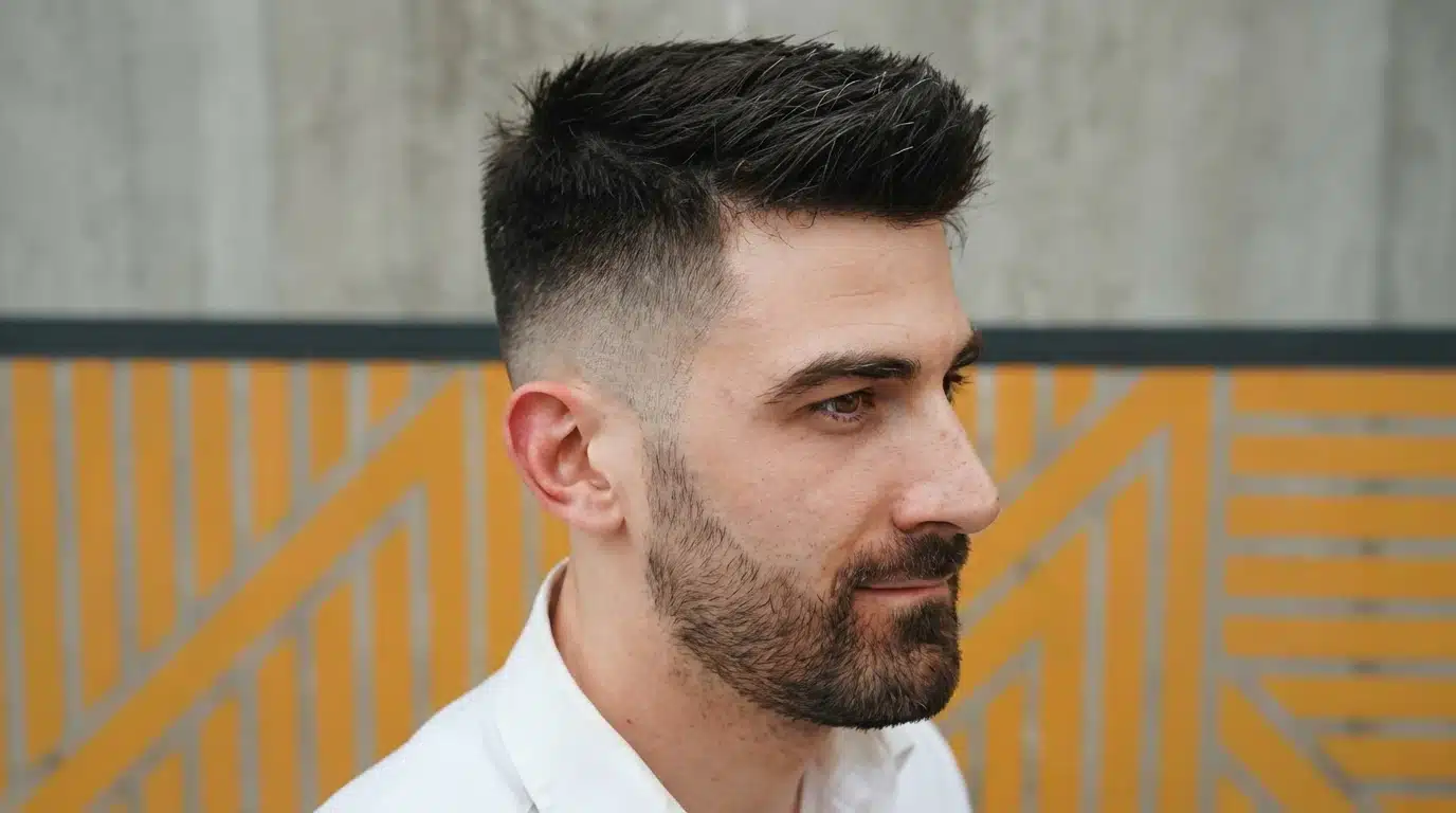 A man with a beard and a short textured quiff hairstyle, looking directly at the camera