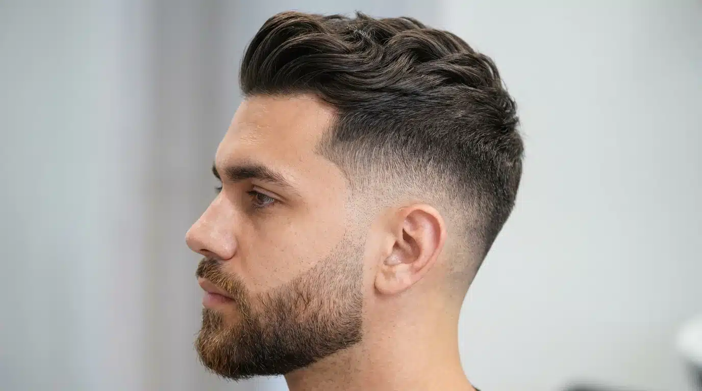 A man with a beard and a stylish high fade textured quiff, reflecting a fashionable and modern hairstyle choice