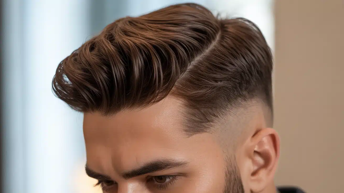 A man with a beard and a stylish mid fade quiff haircut, reflecting a fashionable and polished look