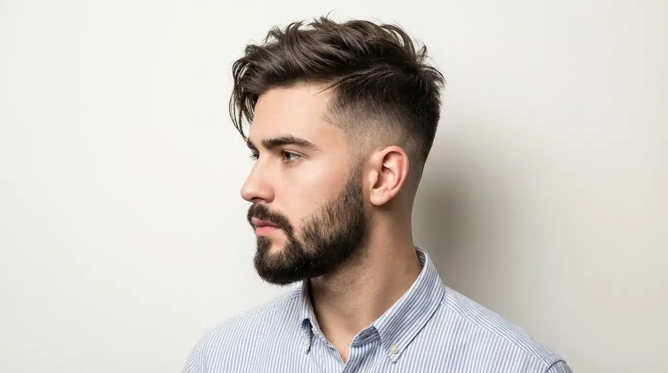 A man with a beard and a stylish modern textured quiff, highlighted by a bold mohawk