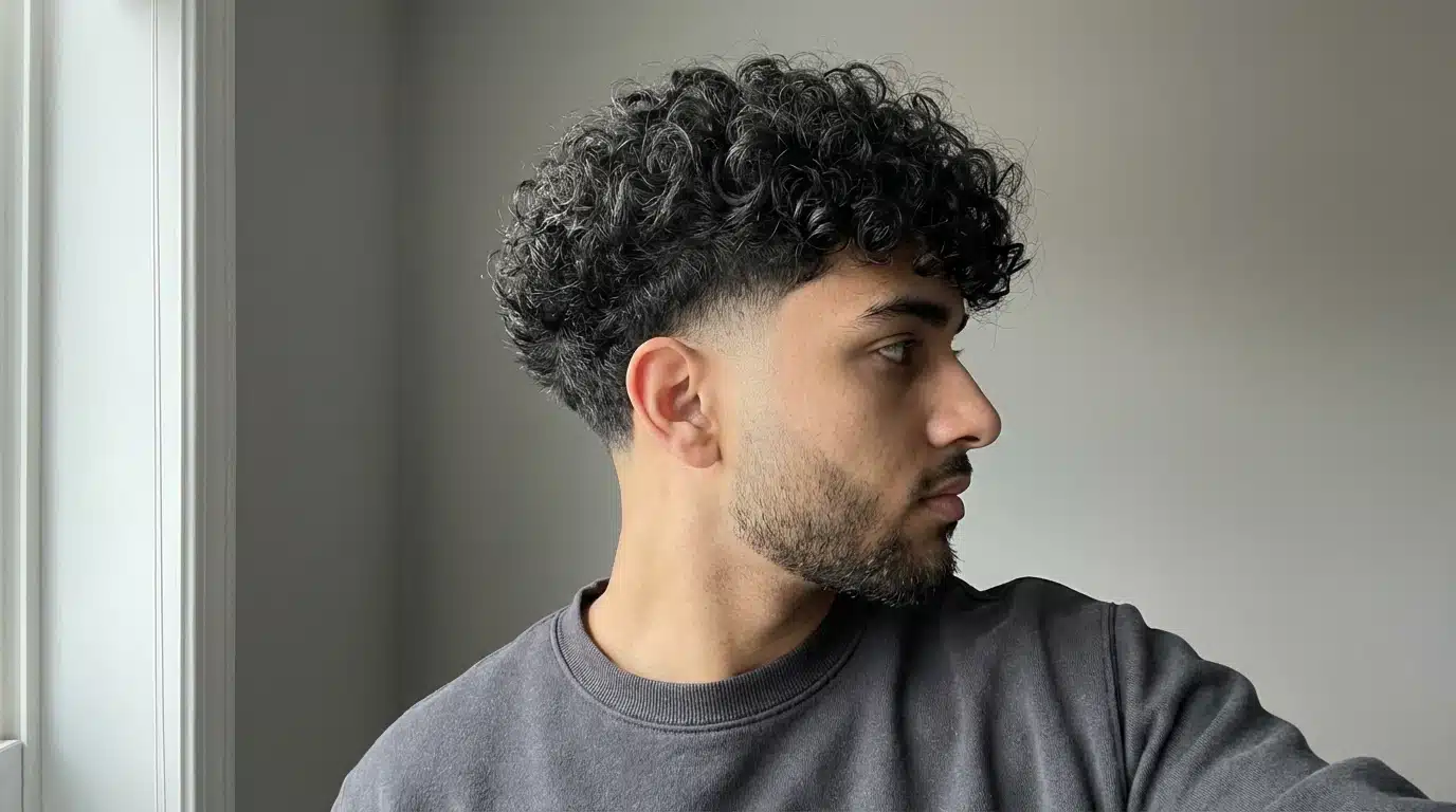 A man with a beard and curly hair, showcasing a low taper fade hairstyle, gazing thoughtfully to the side
