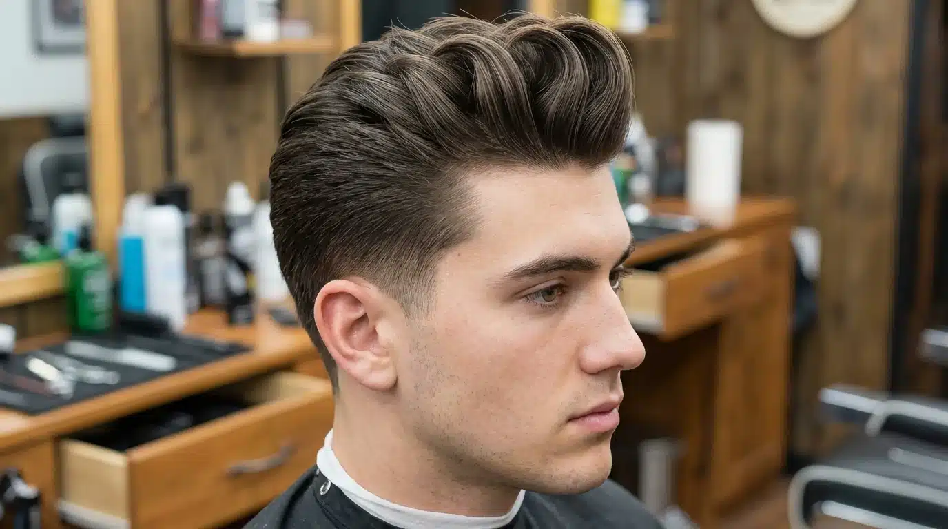 A man with a classic quiff haircut is seated in a barber shop surrounded by barber tools and decor