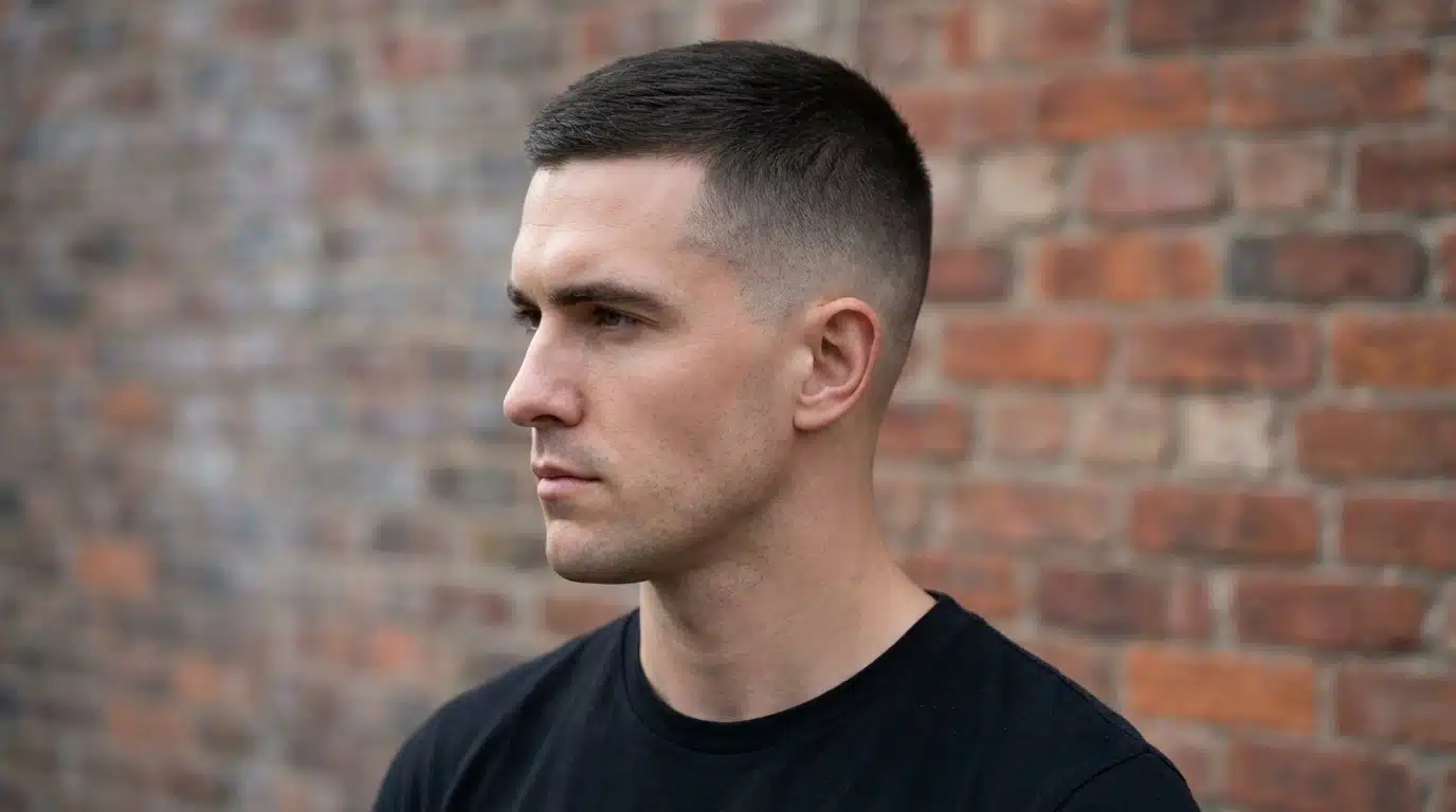 A man with a crew cut quiff and shaved head stands confidently in front of a textured brick wall