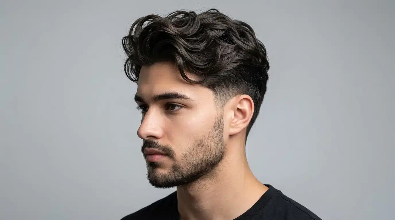A man with a curly beard and hair, showcasing a fashionable wavy quiff