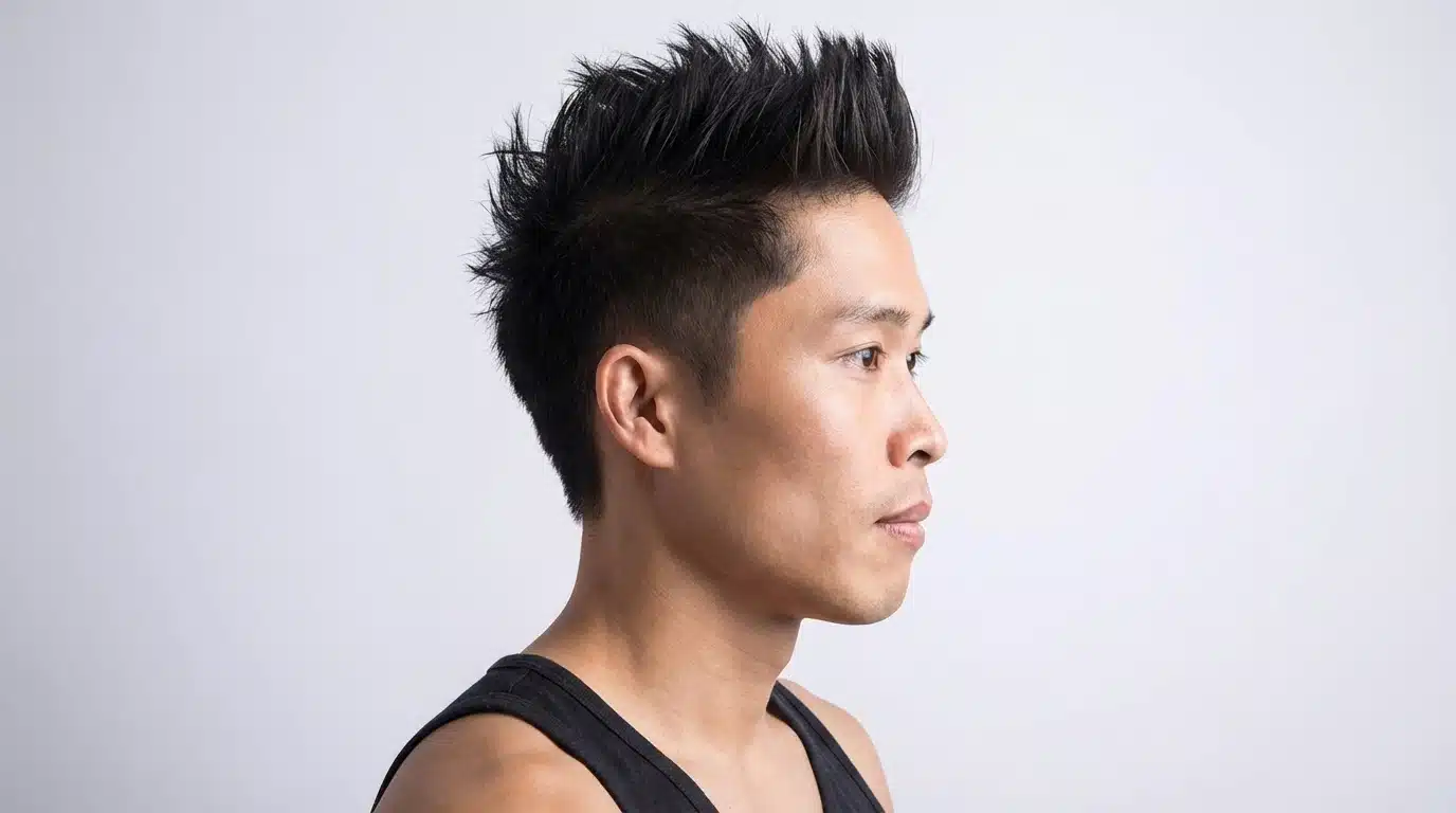 A man with a mohawk hairstyle featuring an Asian style textured quiff and spiky hair