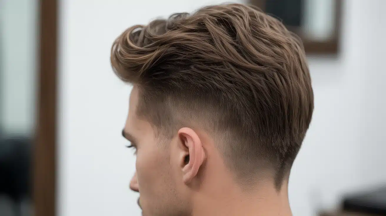 A man with a short low fade quiff hairstyle gazes at his hair, reflecting on his grooming choice