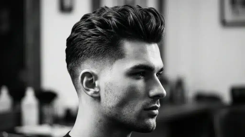 A man with a stylish quiff haircut is seated in a barber shop, preparing for grooming