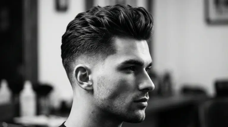 A man with a stylish quiff haircut is seated in a barber shop, preparing for grooming