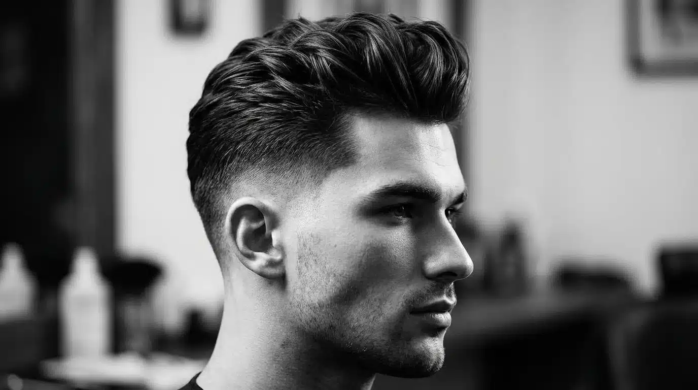 A man with a stylish quiff haircut is seated in a barber shop, preparing for grooming