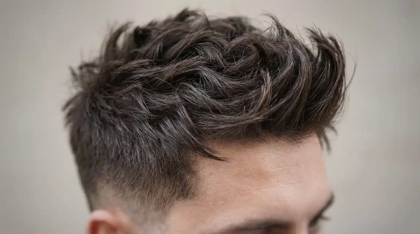 A man with a stylish short haircut, characterized by wavy hair and a choppy quiff