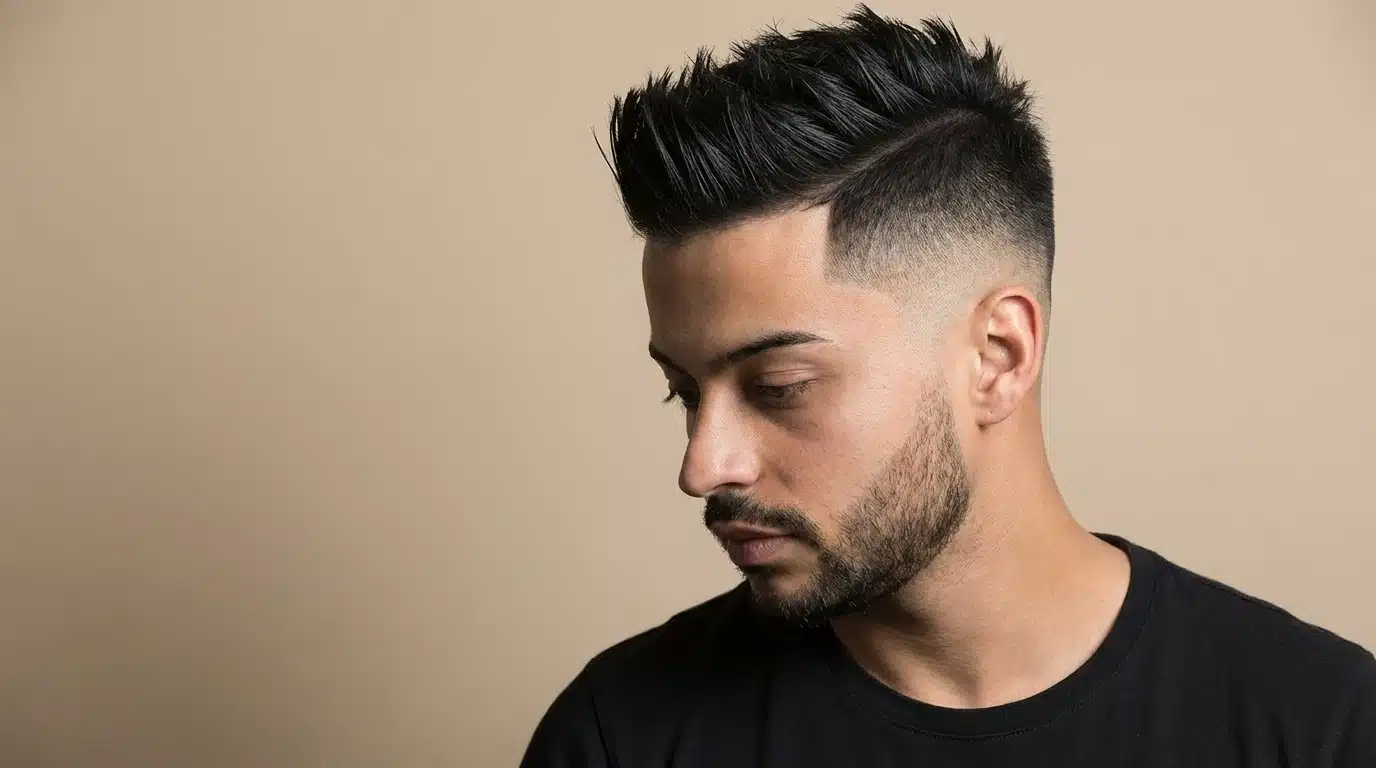 A man with a stylish taper fade quiff, showcasing short hair on the sides and a textured top