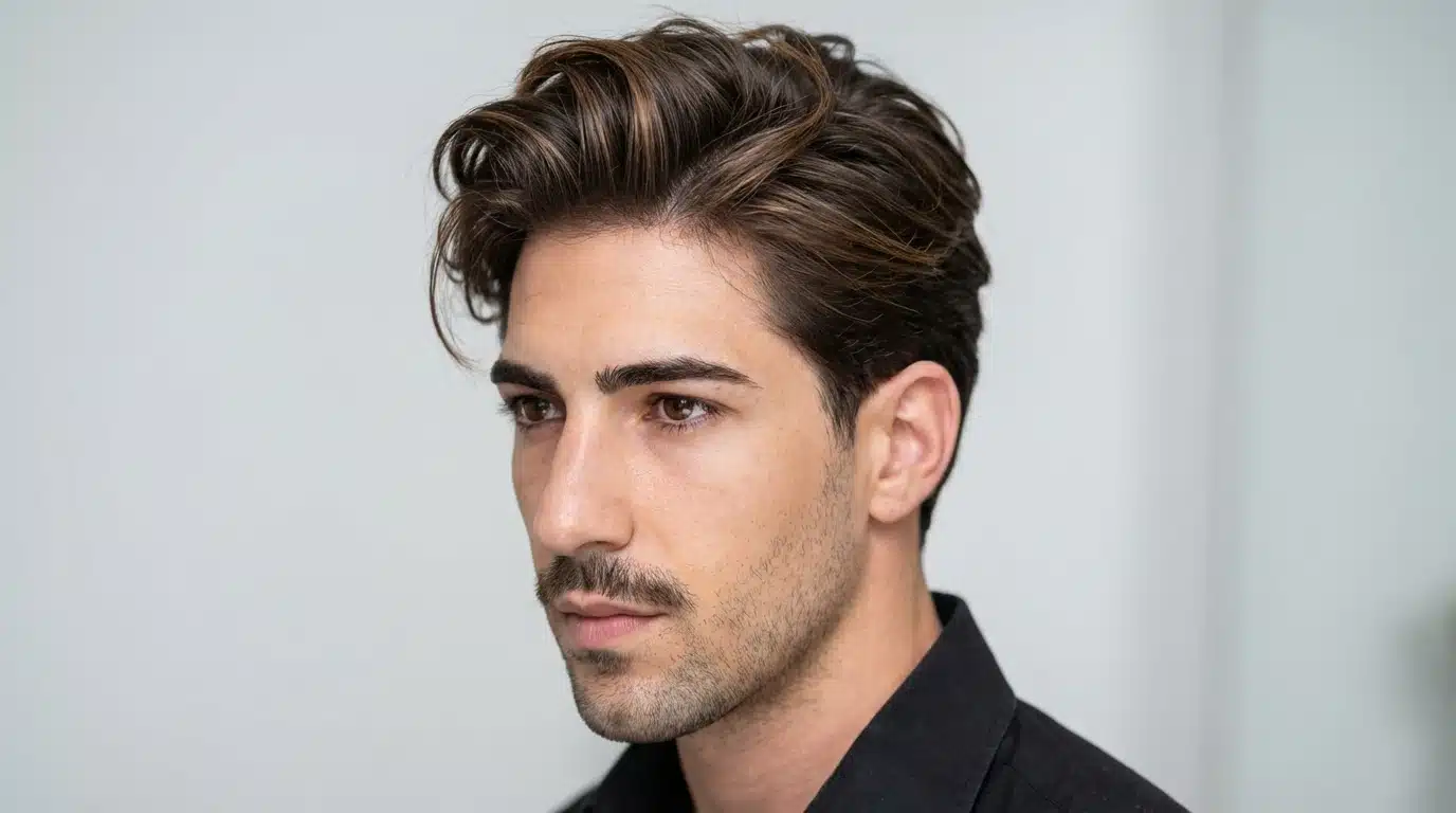 A man with a tousled quiff and a thick mustache, showcasing a unique style