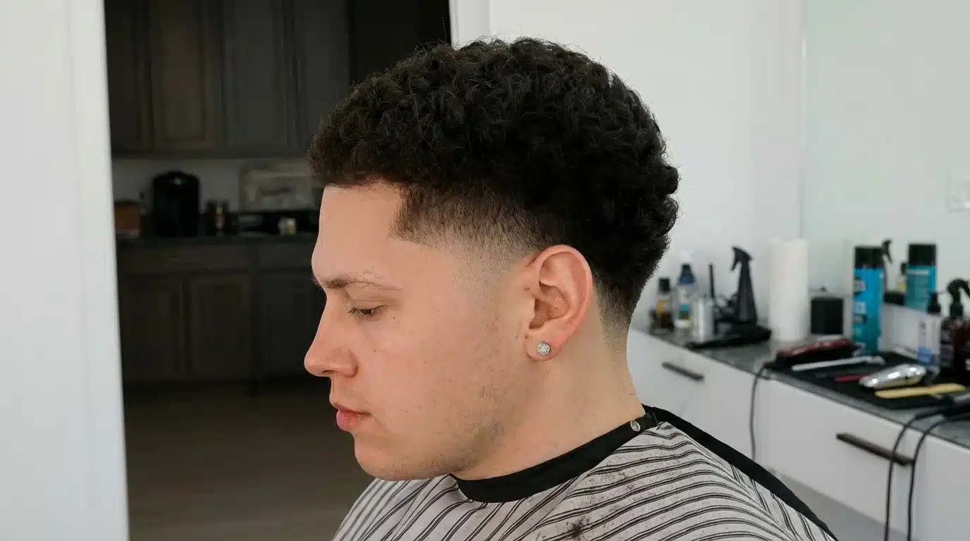 A man with black hair styled in a Temple Taper with textured top sits comfortably in a barber chair