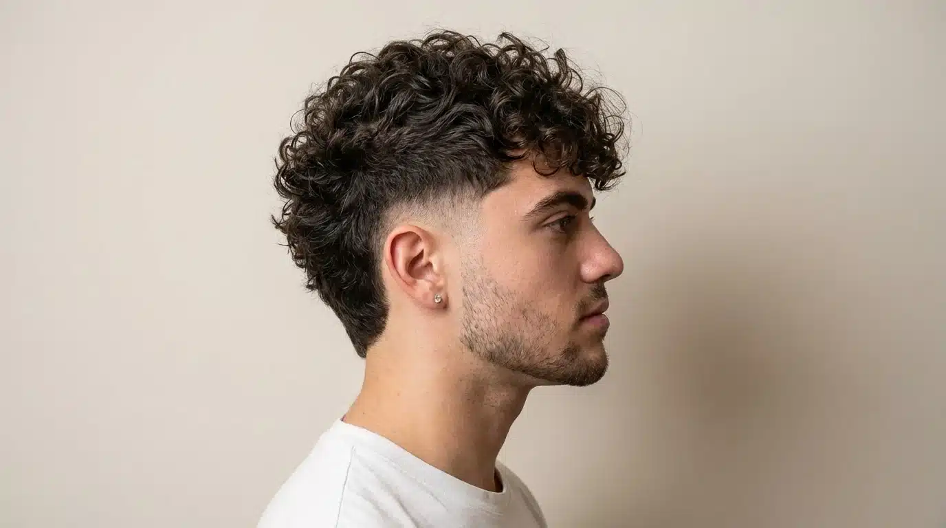 A man with curly hair, featuring a mullet quiff, glancing away from the scene