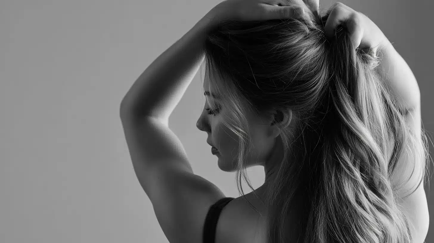 A monochrome image of a woman with long hair, her expression serene and contemplative