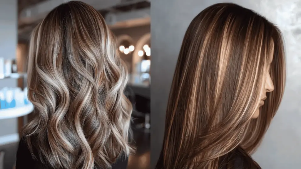 A side-by-side comparison showing silver or gold highlights- what flatters brown hair the most