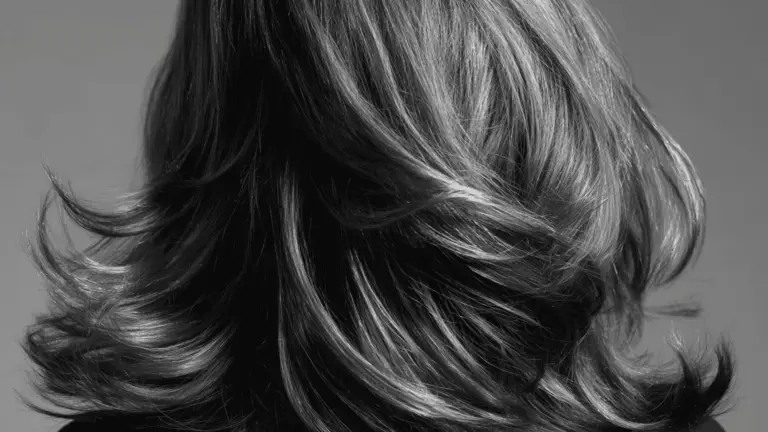 A view of a long straight dark grey formal hairstyle demonstrating how to make hair look fuller in a sleek and polished manner