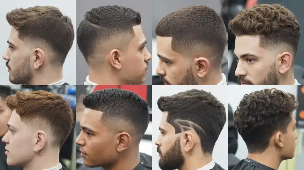 A visual collage of men's haircuts, highlighting different styles with a focus on a modern taper fade
