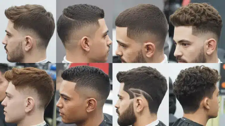 A visual collage of men's haircuts, highlighting different styles with a focus on a modern taper fade