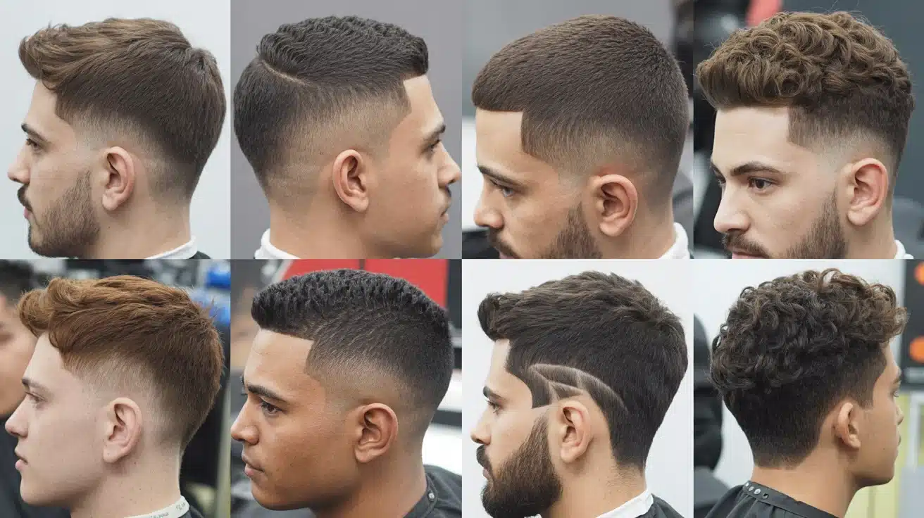 A visual collage of men's haircuts, highlighting different styles with a focus on a modern taper fade