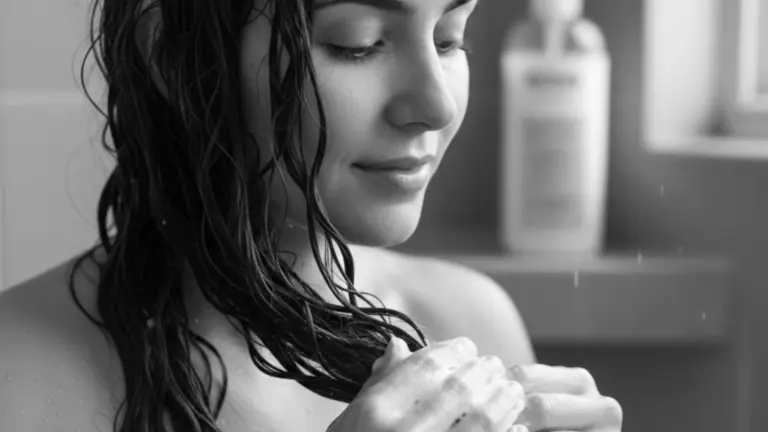 A woman applying conditioner on her hair for added moisture and care