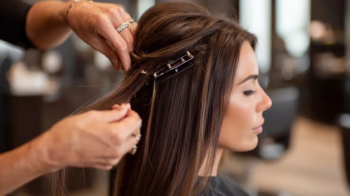 A woman in a salon chair getting hair extensions applied by a stylist, surrounded by salon equipment