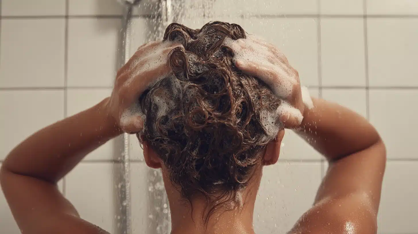 A woman massaging shampoo suds into her both hands wet brown hair while showering under running water