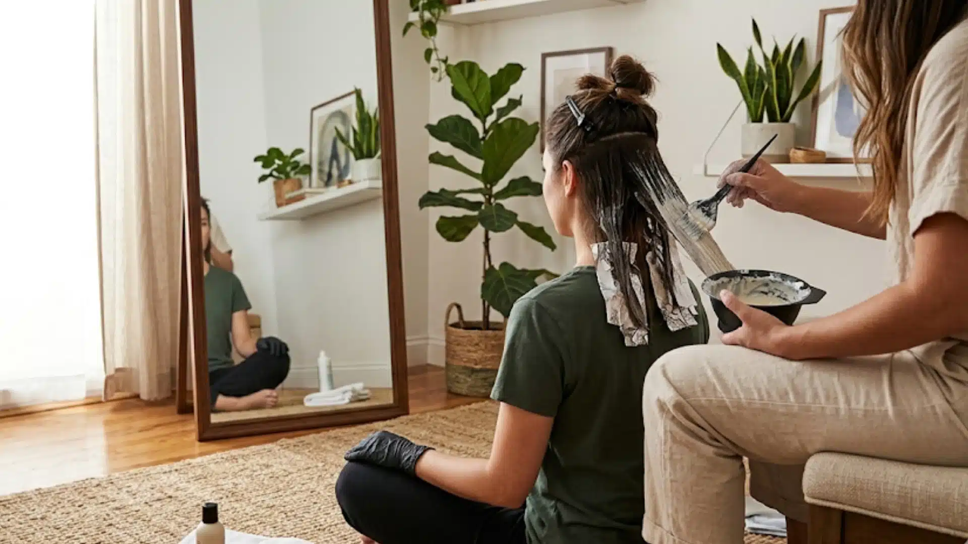 A woman sitting in fron of the mirror is having her hair dyed in a peekaboo style at her home with natural lighting
